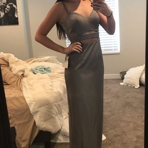 Metallic silver cut out prom dress